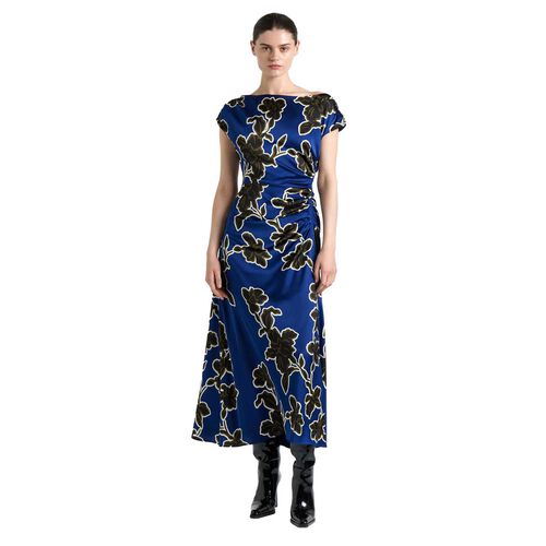 Cue Cobalt Illustrated Floral Satin Draped Midi Dress